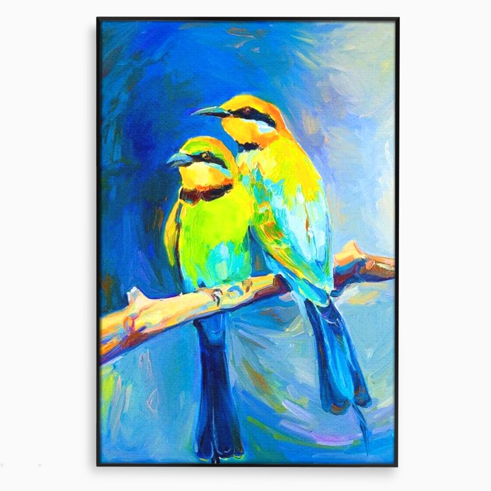 Tablou canvas cu tablou cu doua pasari pe creanga, in rama de aluminiu negru